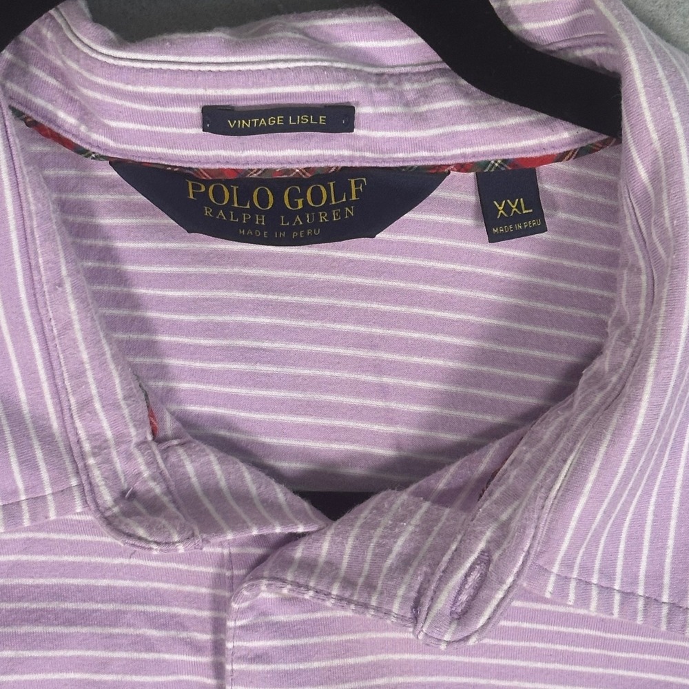 Polo Golf Ralph Lauren Vintage Lisle Striped Polo Shirt Purple White Mens XXL - Picture 2 of 4